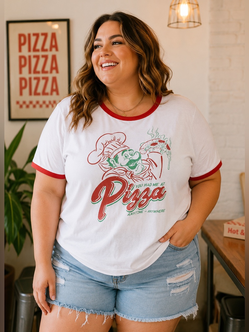 TORRID Pizza Classic Fit Crew Neck Ringer Tee Sz 3X Plus NWOT Retro Foodie
